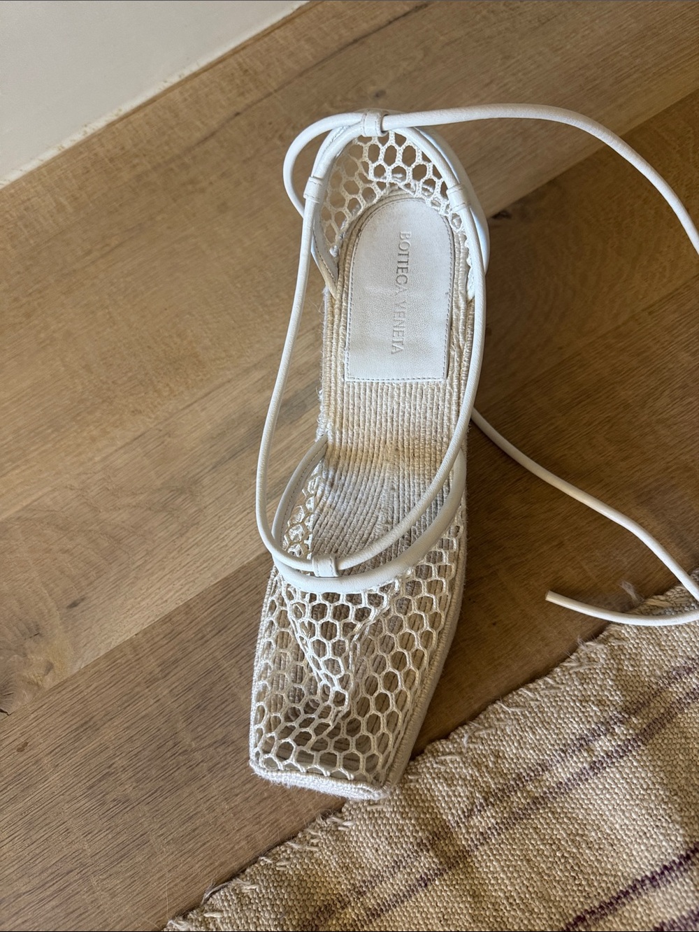 Bottega Veneta White Lace Mesh Square-Toe Lace-Up Sandal